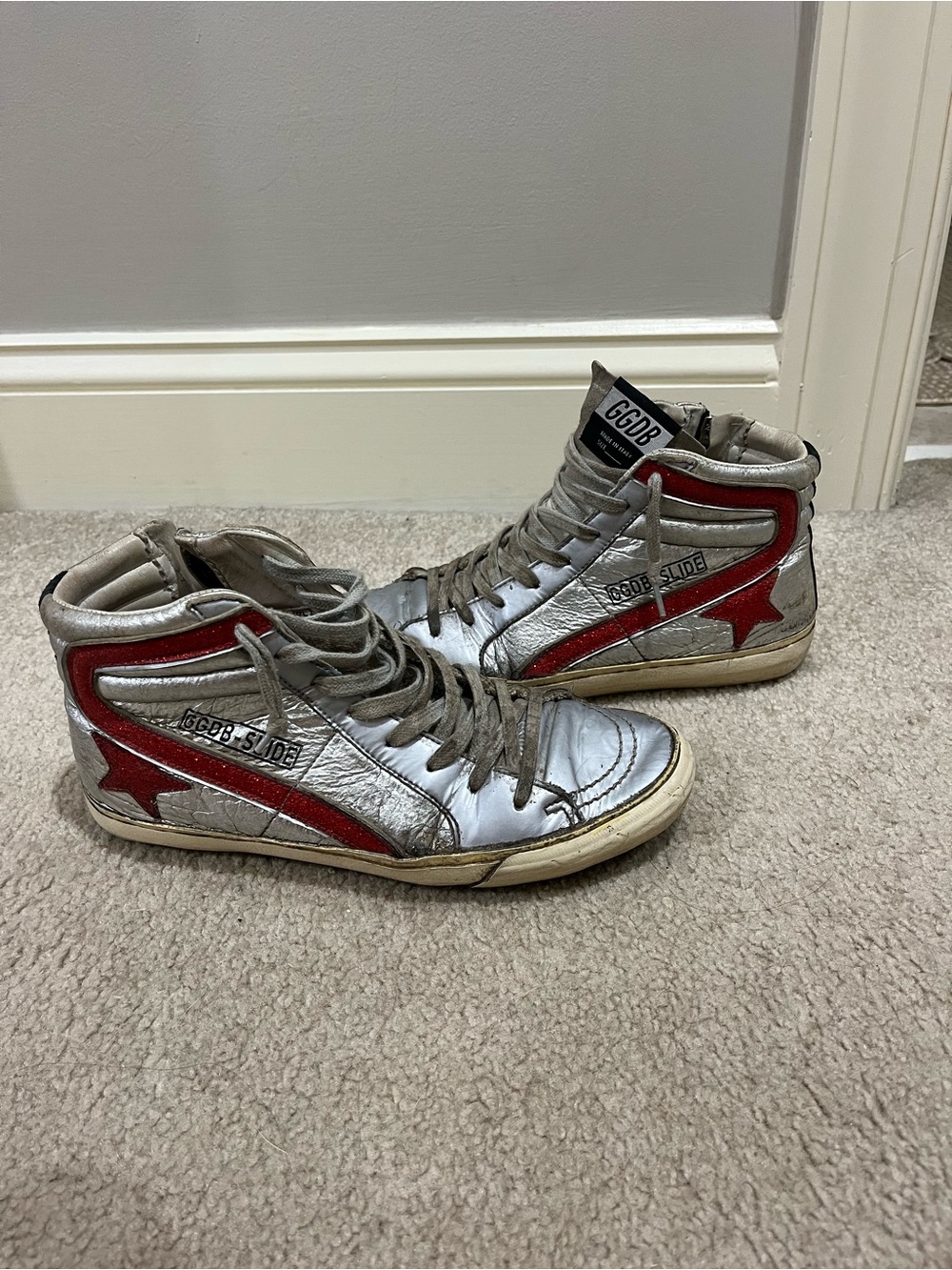 Golden Goose Silver Leather High-Top Sneakers with Red Star Accent